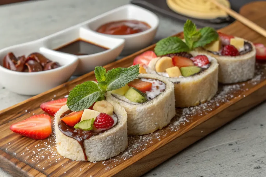 Sweet Nutella sushi rolls on a platter