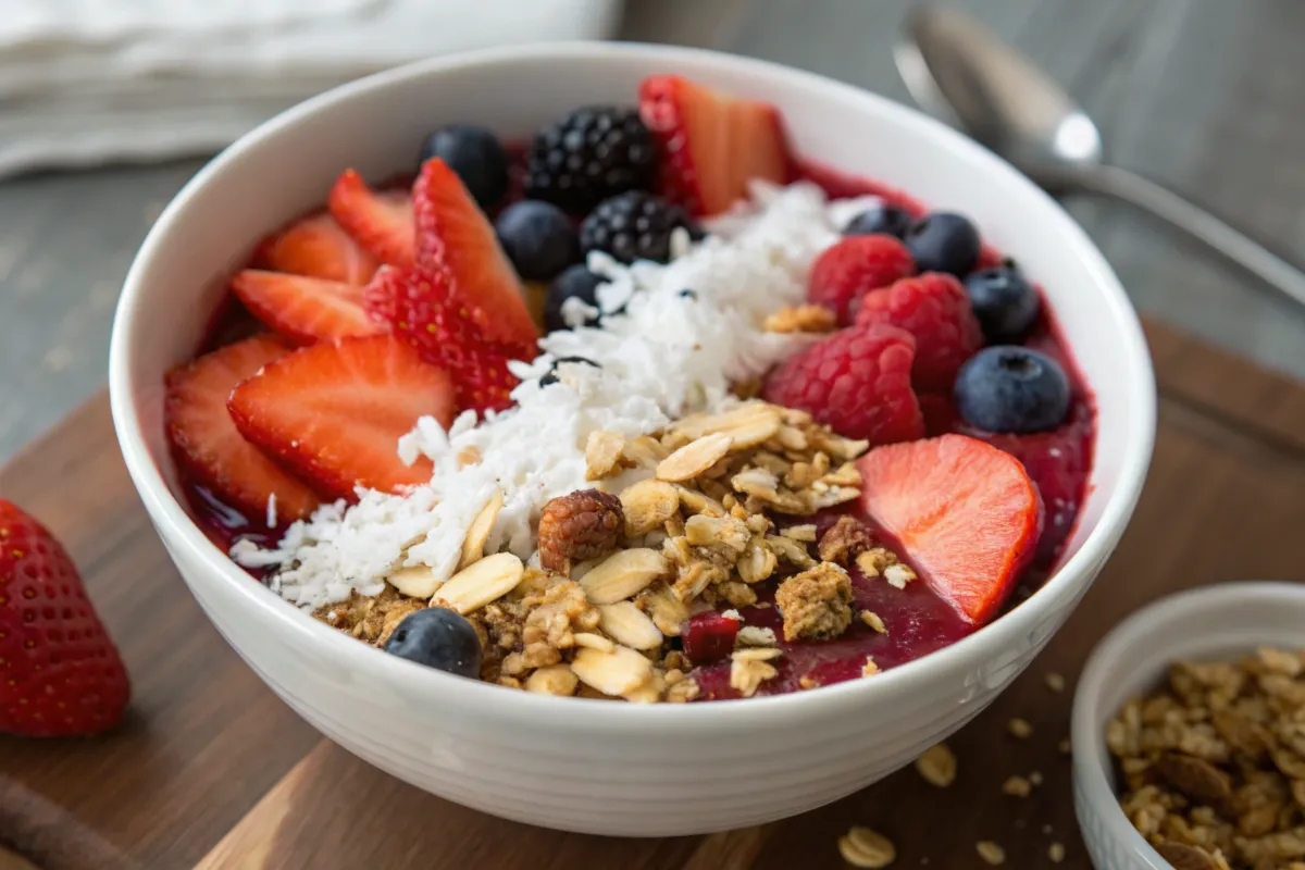 Strawberry raspberry acai bowl