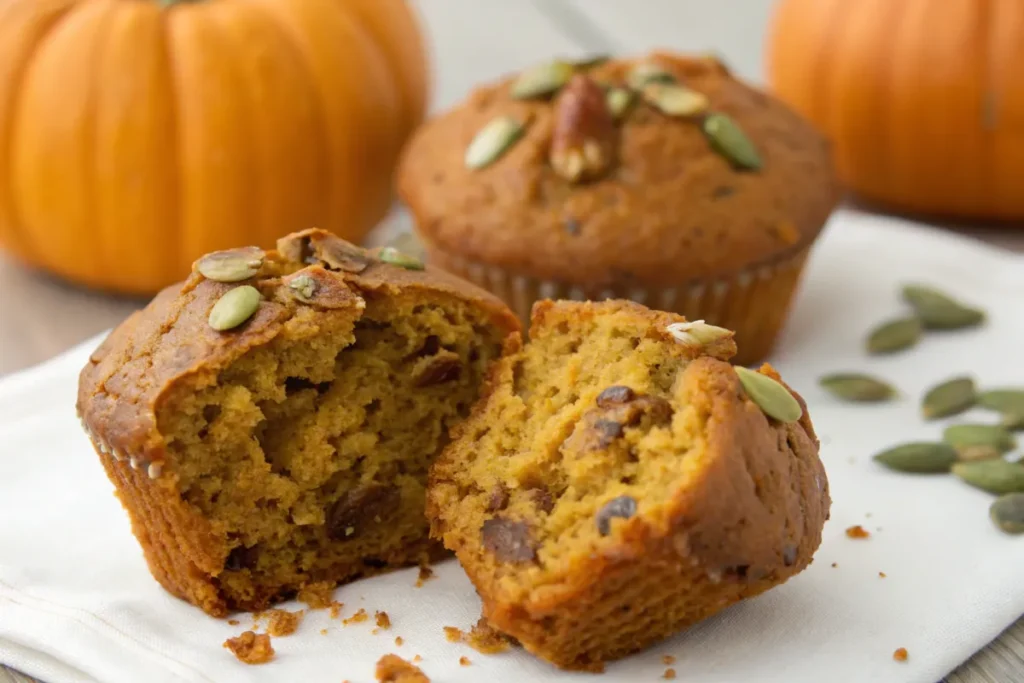 Protein-packed pumpkin muffin cut in half