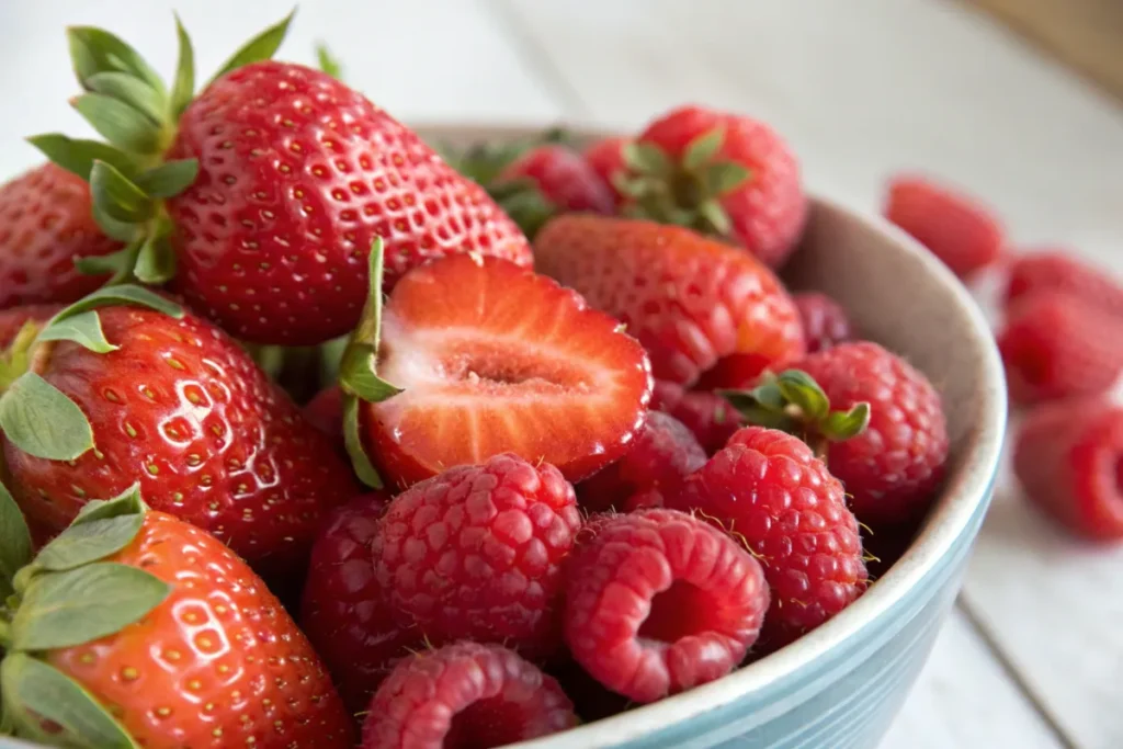 Fresh strawberries and raspberries