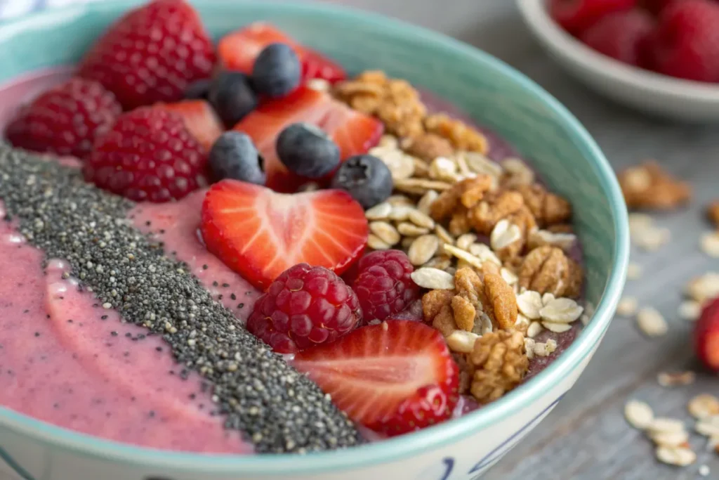 "Smoothie bowl with raspberries and strawberries"