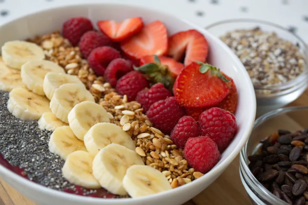 Toppings for strawberry raspberry acai bowl