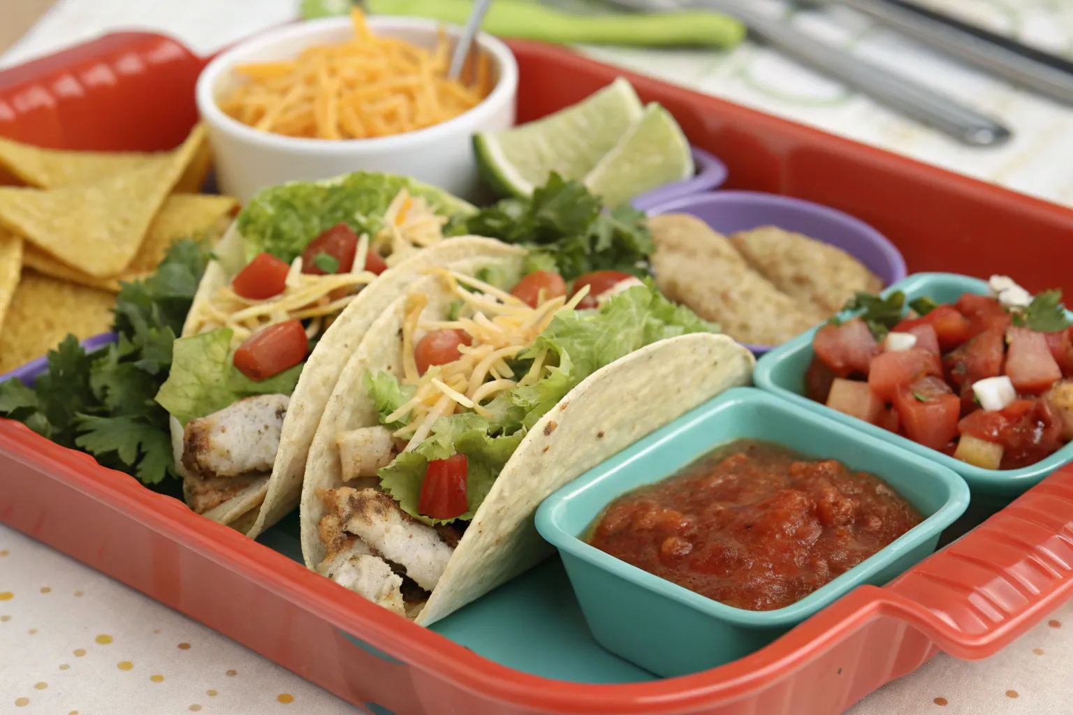 School chicken tacos on a lunch tray