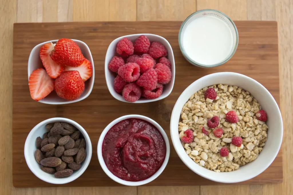 Ingredients for strawberry raspberry acai bowl