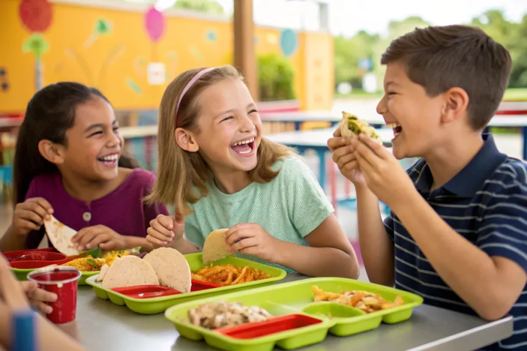 Kids enjoying chicken tacos at school