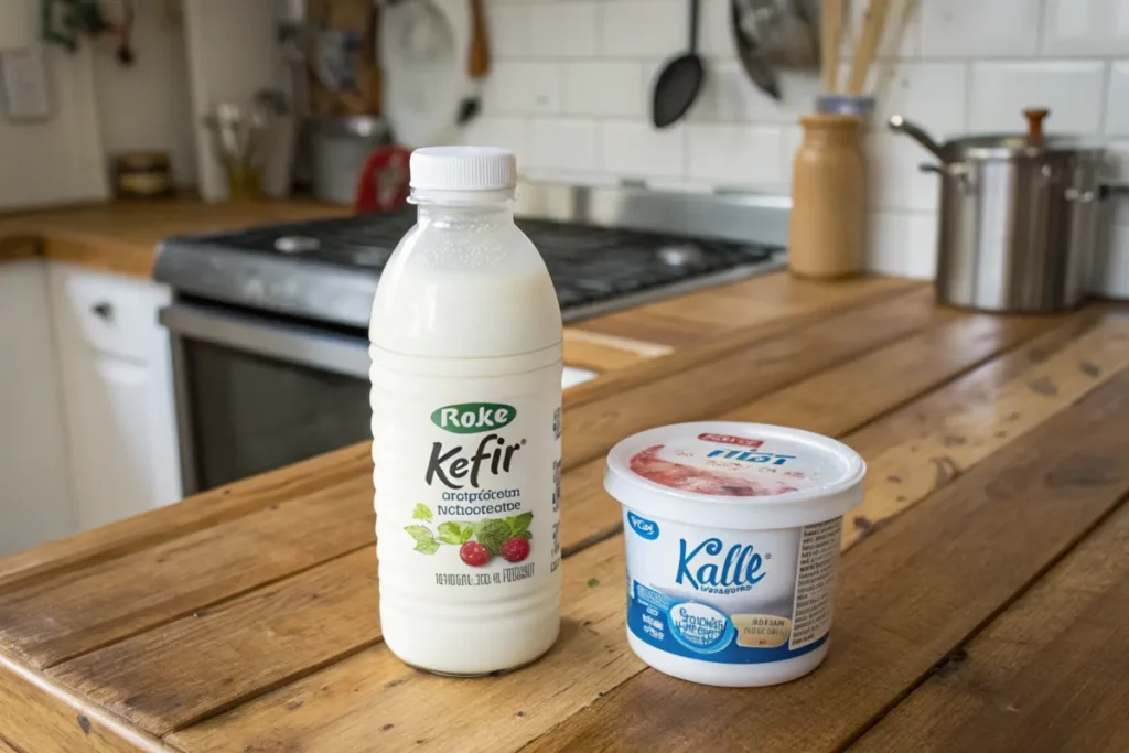 Kefir bottle next to yogurt for baking comparison