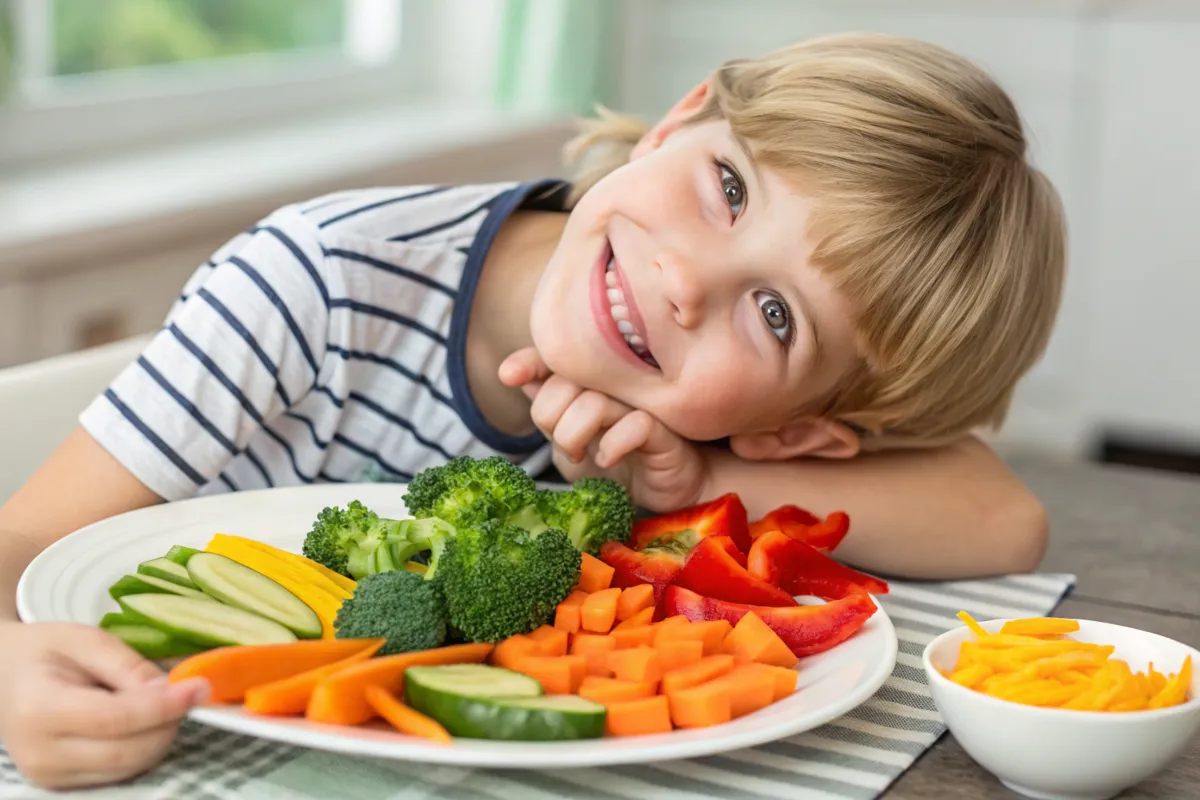 Kids helping to prepare vegetable dishes in the kitchen