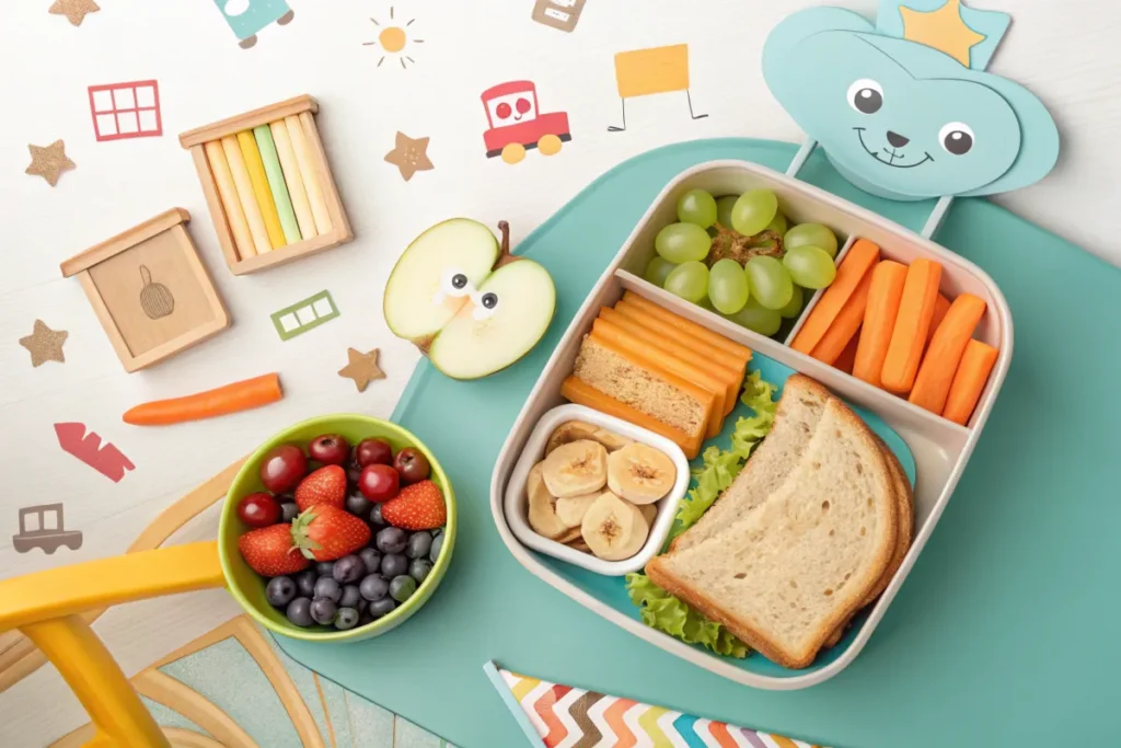 Colorful toddler lunch with fruits and sandwiches