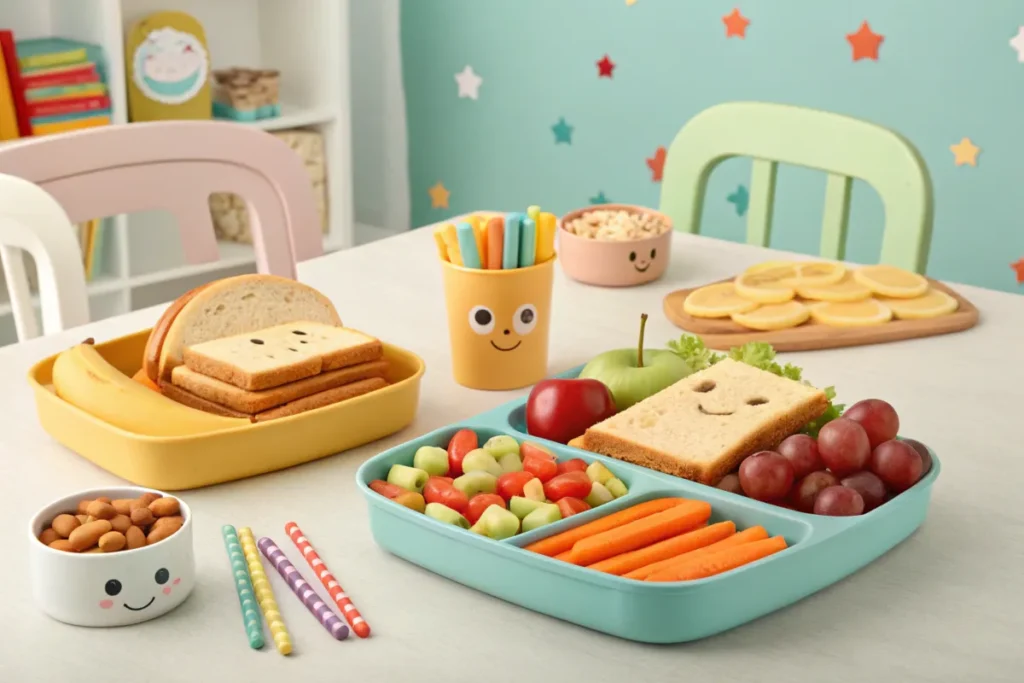 Colorful toddler lunch with fruits and sandwiches