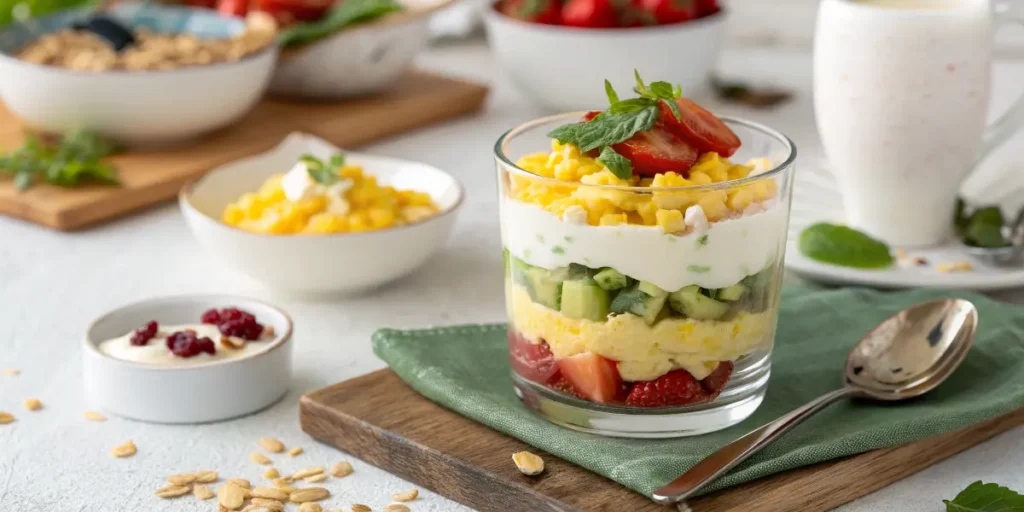 Breakfast parfait with yogurt and eggs