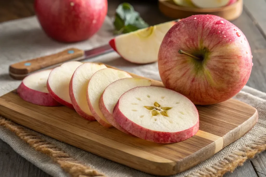 Sliced apple on wooden board