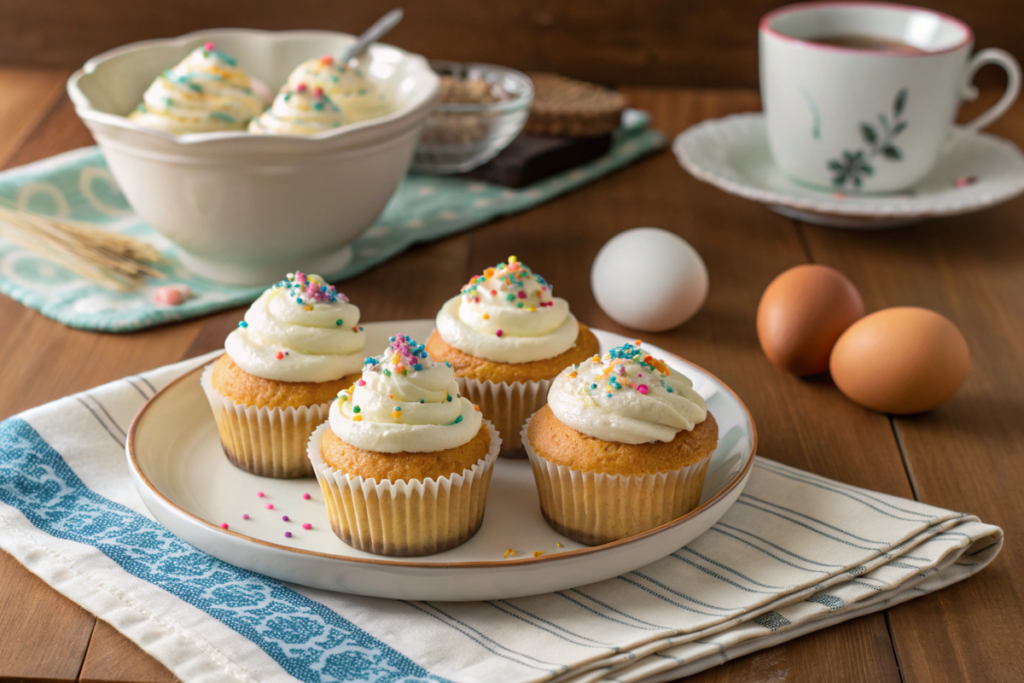 Cupcakes arranged on a plate with a rustic background