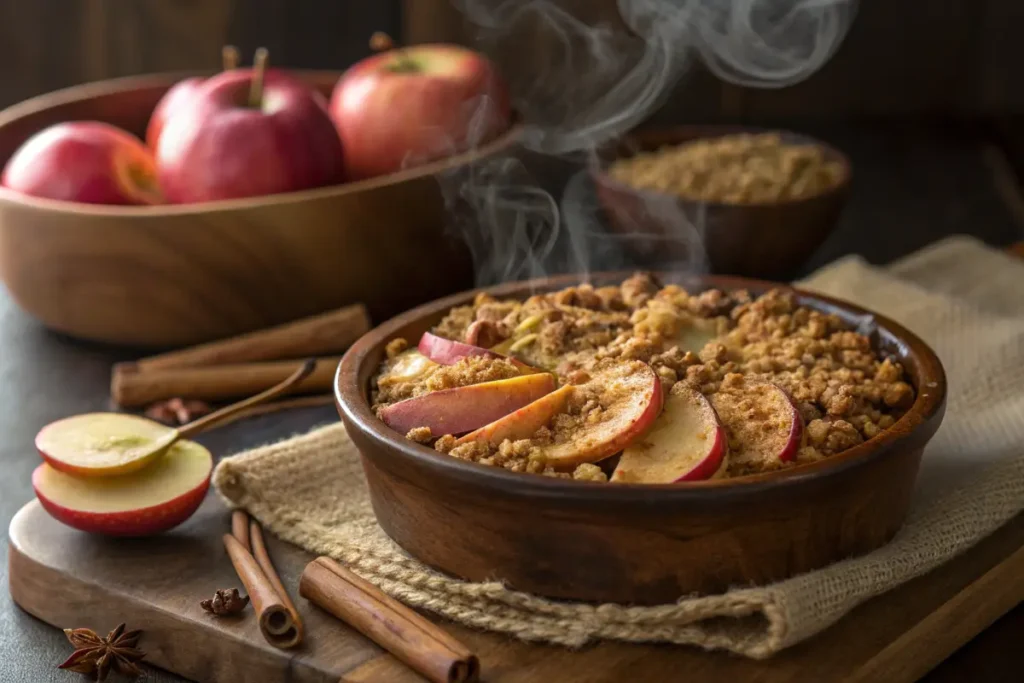 Baked Pink Lady apple crisp in a dish