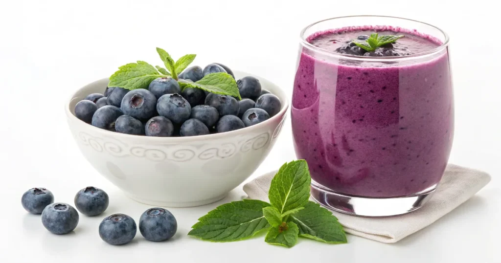 Blueberry Smoothie and Bowl of Blueberries