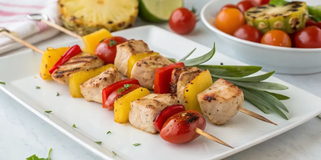 Chicken skewers with veggies and fruit