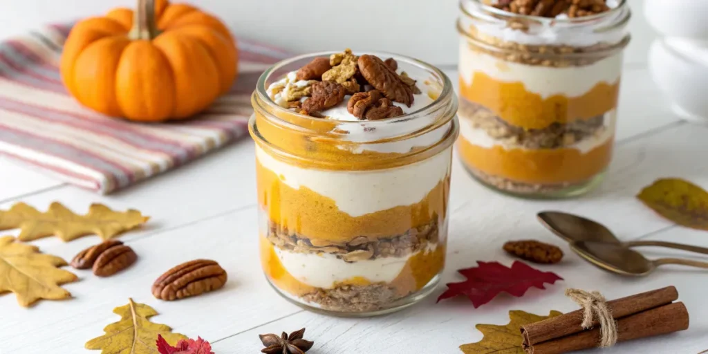 Seasonal pumpkin parfait in a rustic jar	