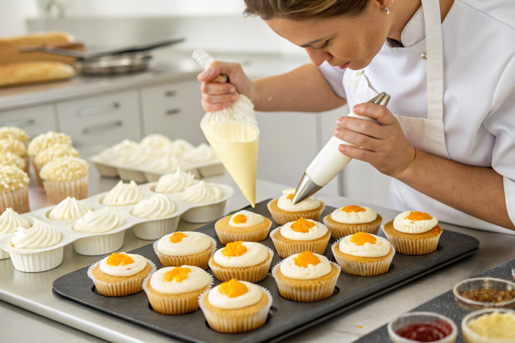 A baker decorating egg and yogurt cupcakes