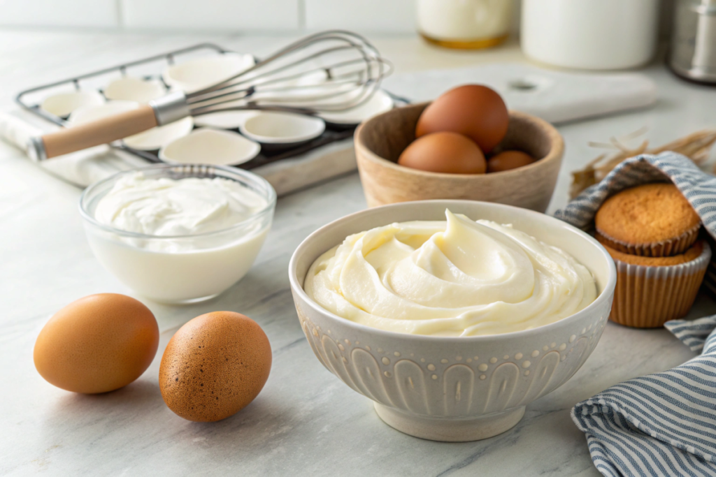 Eggs and yogurt on a countertop