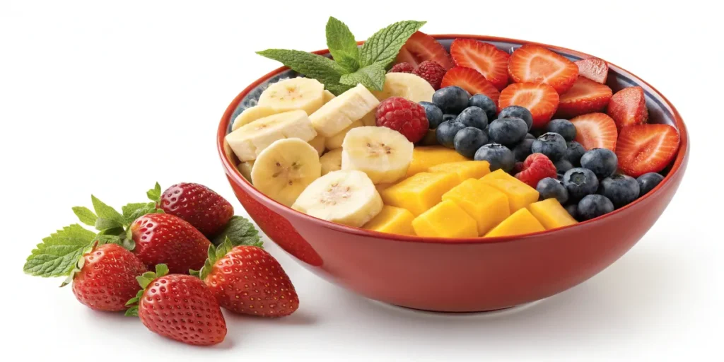 Bananas with berries and mangoes