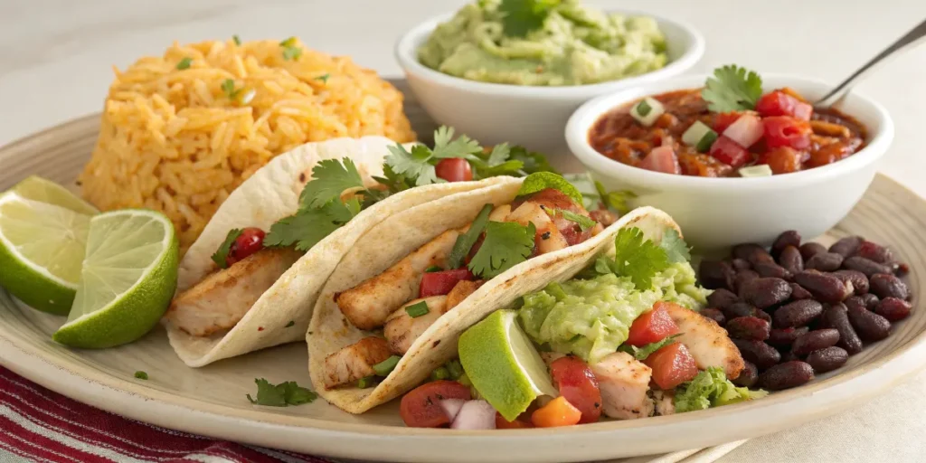 Chicken tacos with sides and rice	