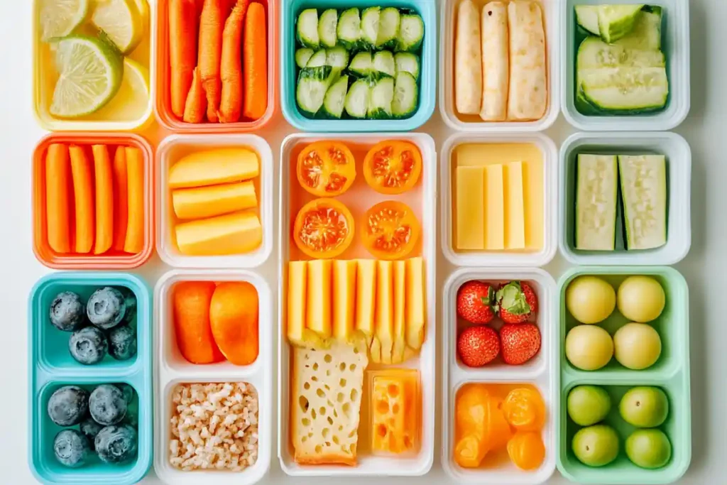 Colorful bento items arranged in a box