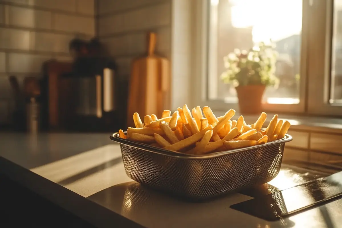 Air fryer with frozen fries ready to cook