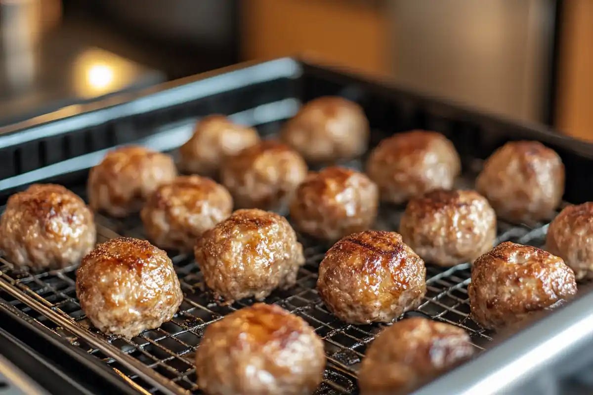 Frozen meatballs in airfryer being cooked to a crisp golden finish