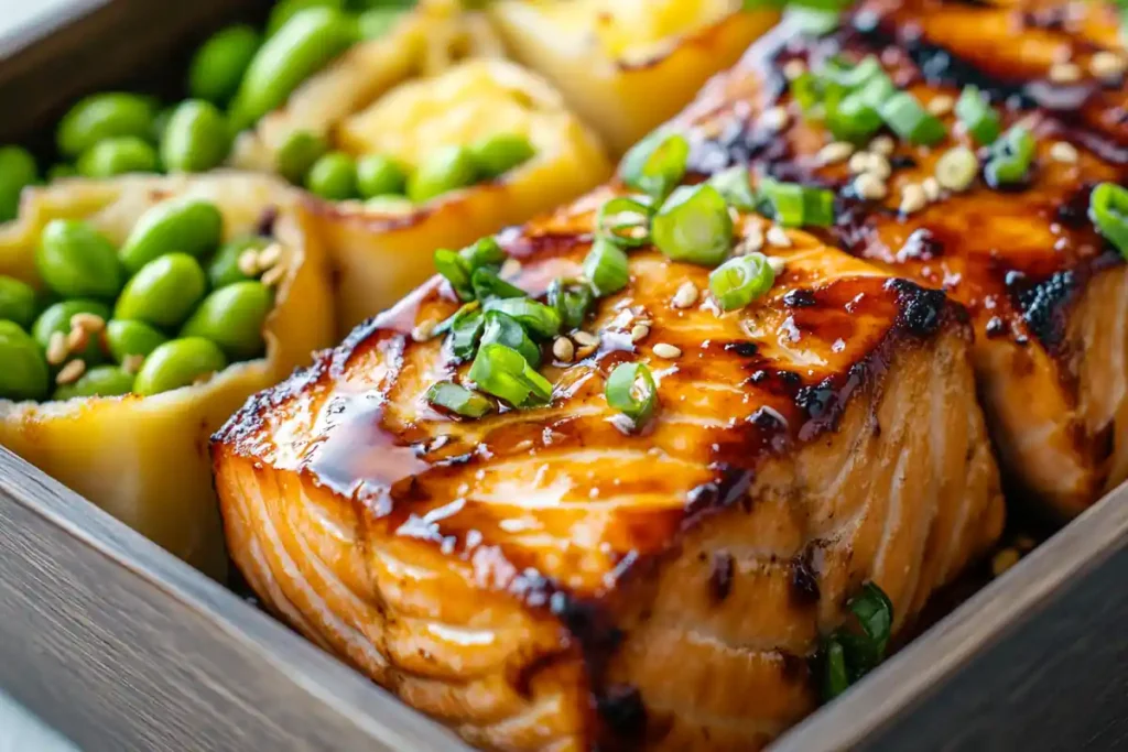 Teriyaki salmon and tamagoyaki with edamame