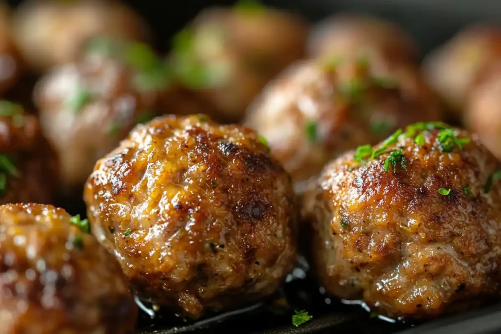 Half-cooked meatballs flipped for uniform browning