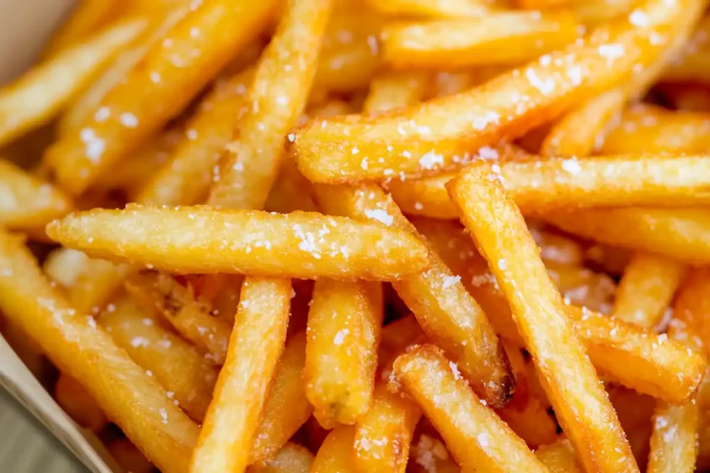 golden crispy frozen french fries in air fryer basket