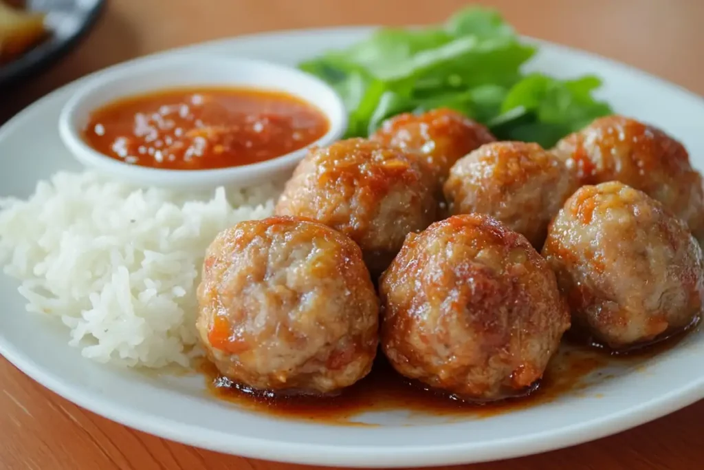 Frozen meatballs in airfryer served with tangy tomato sauce