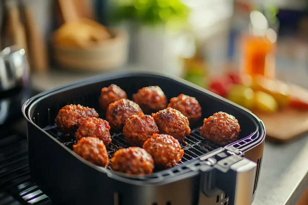 Modern air fryer loaded with meatballs