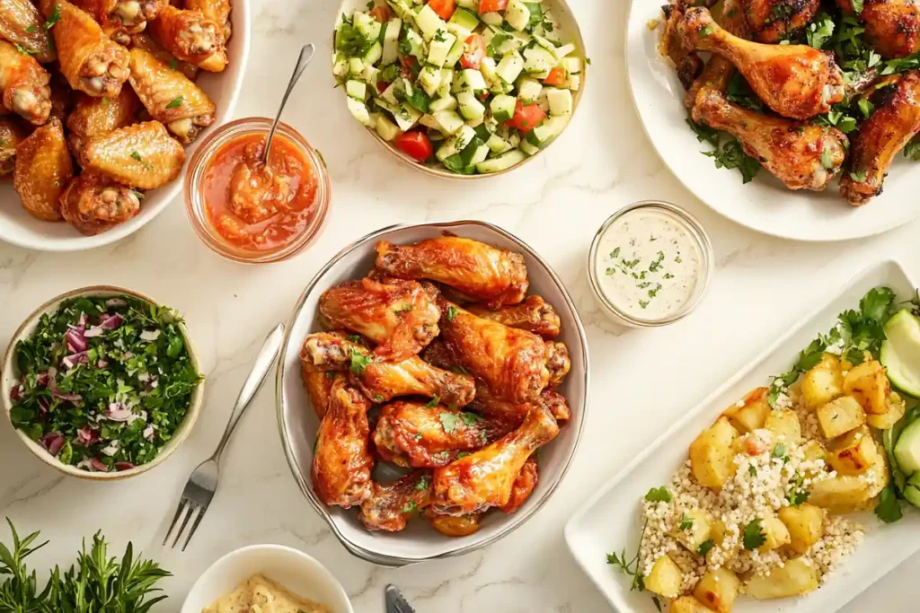Captures the moment of finishing the cooking process and plating the wings.