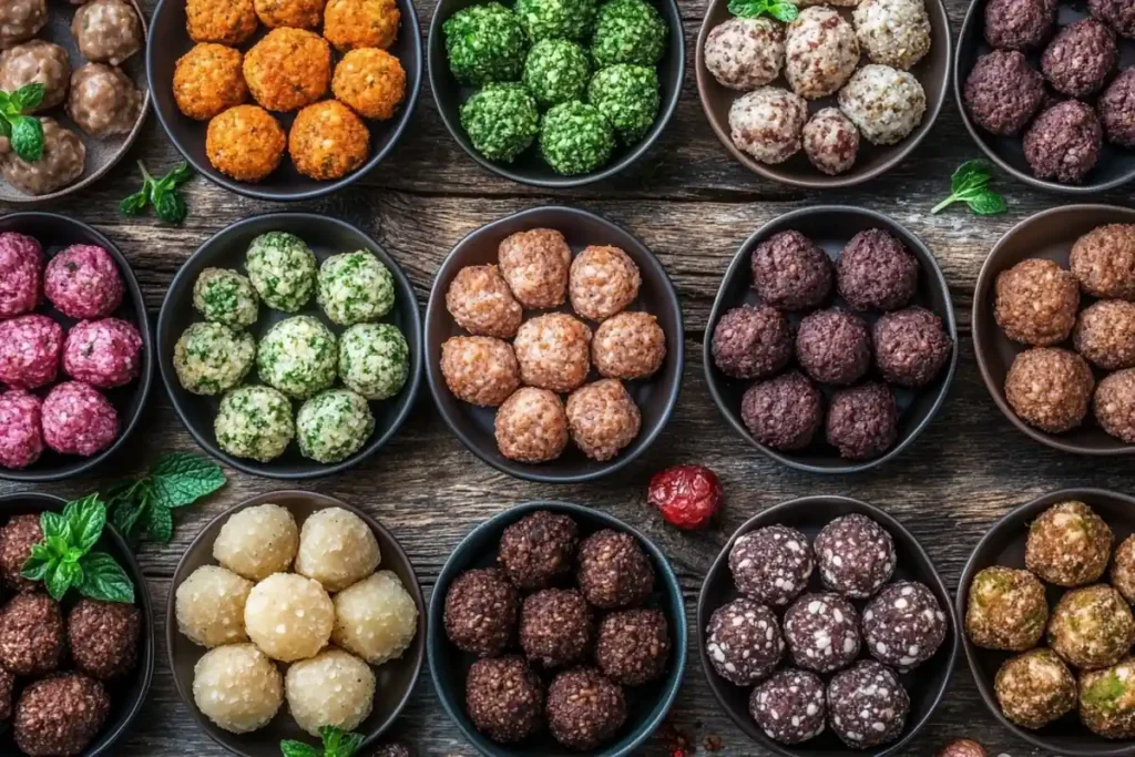 Various frozen meatballs in airfryer, showcasing beef, pork, and plant-based option