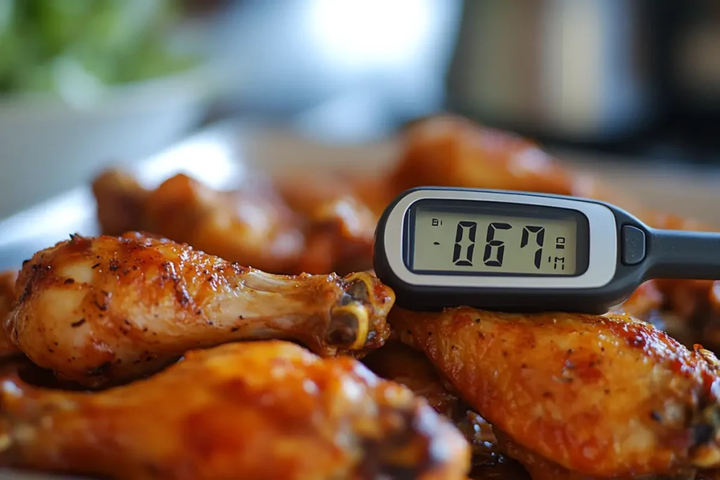 Checking internal temperature of Tyson chicken wings