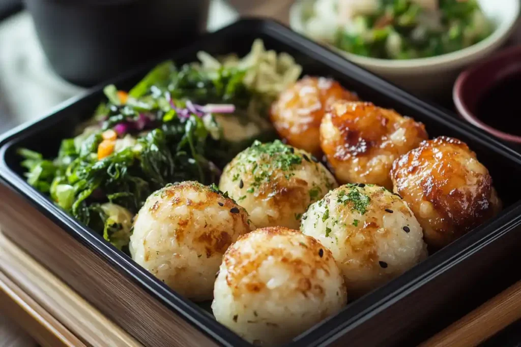 Onigiri, seaweed salad, and karaage in a bento layout