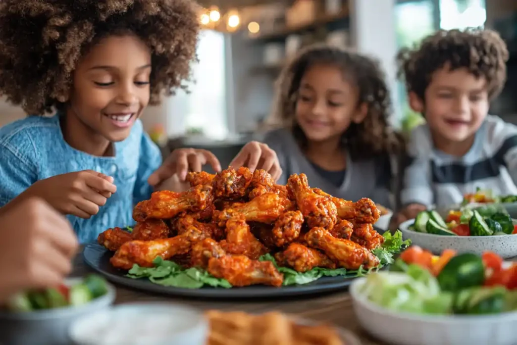 Family enjoying Tyson Frozen Chicken Wings from the air fryer