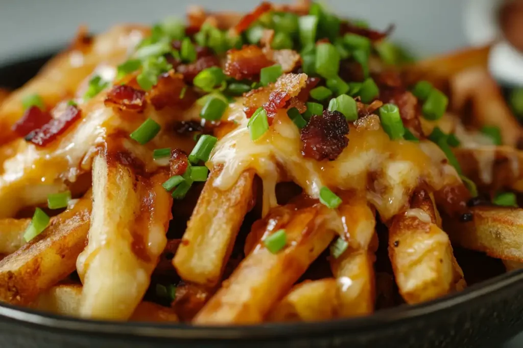 loaded frozen french fries in air fryer with cheese and toppings